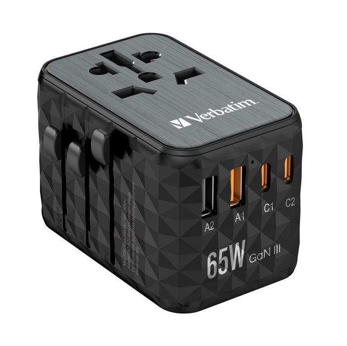 Verbatim UTA-05 GaN III Universal Travel Adapter with 2 x USB-C PD 65W & QC 4+ / 2 x USB-A