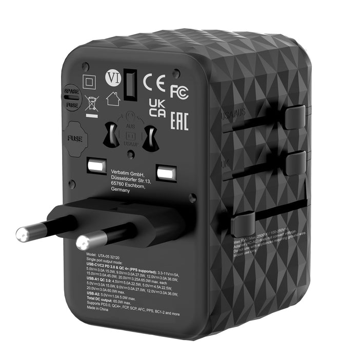 Verbatim UTA-05 GaN III Universal Travel Adapter with 2 x USB-C PD 65W & QC 4+ / 2 x USB-A