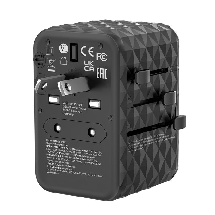 Verbatim UTA-05 GaN III Universal Travel Adapter with 2 x USB-C PD 65W & QC 4+ / 2 x USB-A