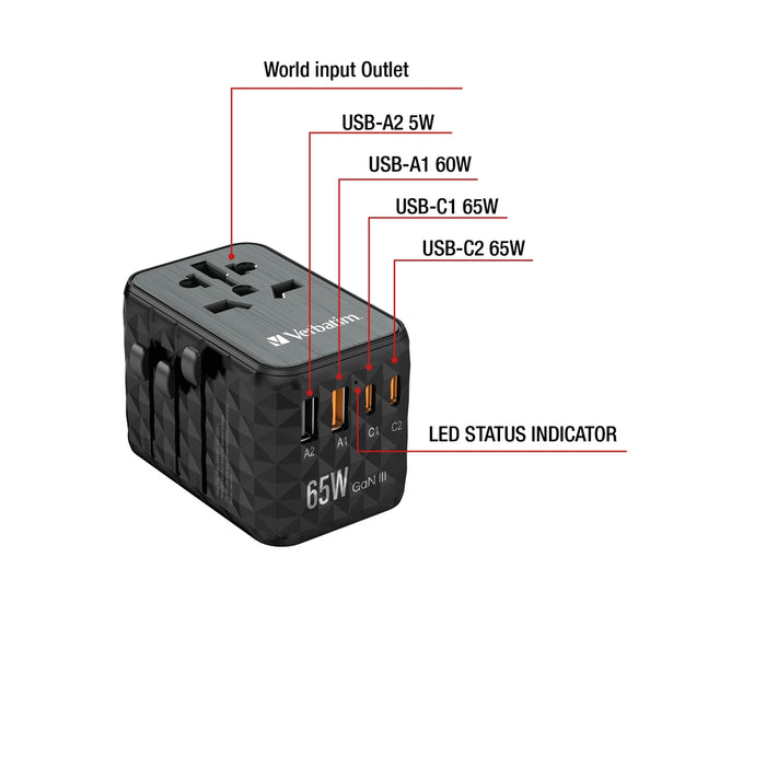 Verbatim UTA-05 GaN III Universal Travel Adapter with 2 x USB-C PD 65W & QC 4+ / 2 x USB-A