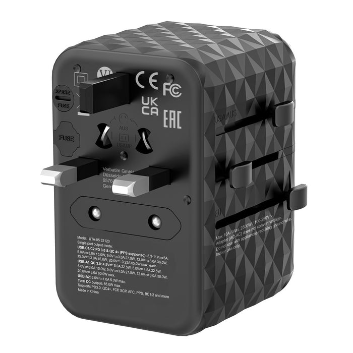 Verbatim UTA-05 GaN III Universal Travel Adapter with 2 x USB-C PD 65W & QC 4+ / 2 x USB-A