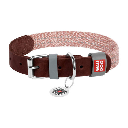 Dog collar made of natural leather and recycled material with QR code Waudog size L, width 25 mm, brown