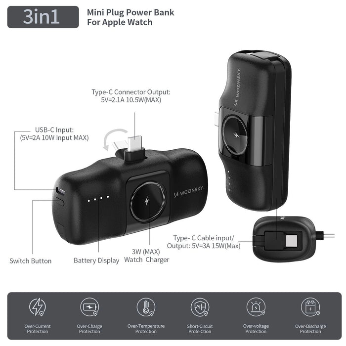 Wozinsky WF16-YCS 5000mAh 15W USB-C Mini Power Bank with Built-in USB-C Cable and Apple Watch Charger - Black