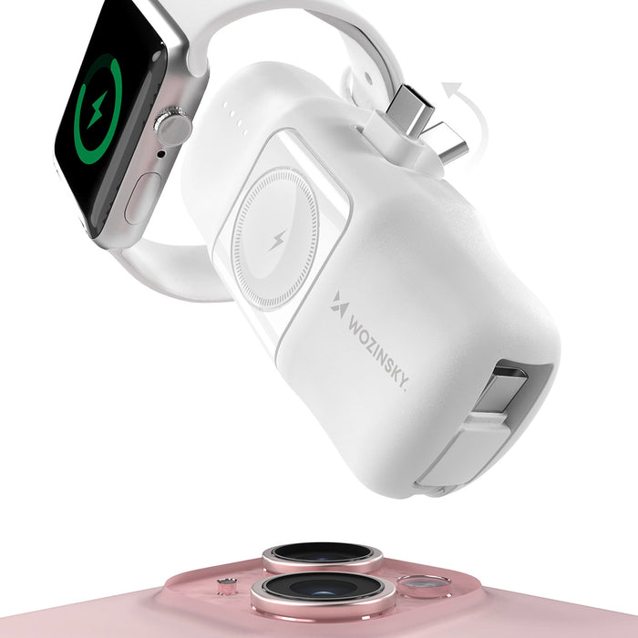 Wozinsky WF16-YCS 5000mAh 15W USB-C Mini Power Bank with Built-in USB-C Cable and Apple Watch Charger - White