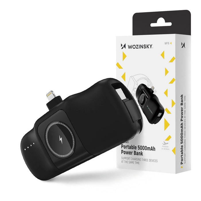 Wozinsky WF16-YLS 5000mAh 15W Lightning Mini Power Bank with Built-in USB-C Cable and Apple Watch Charger - Black