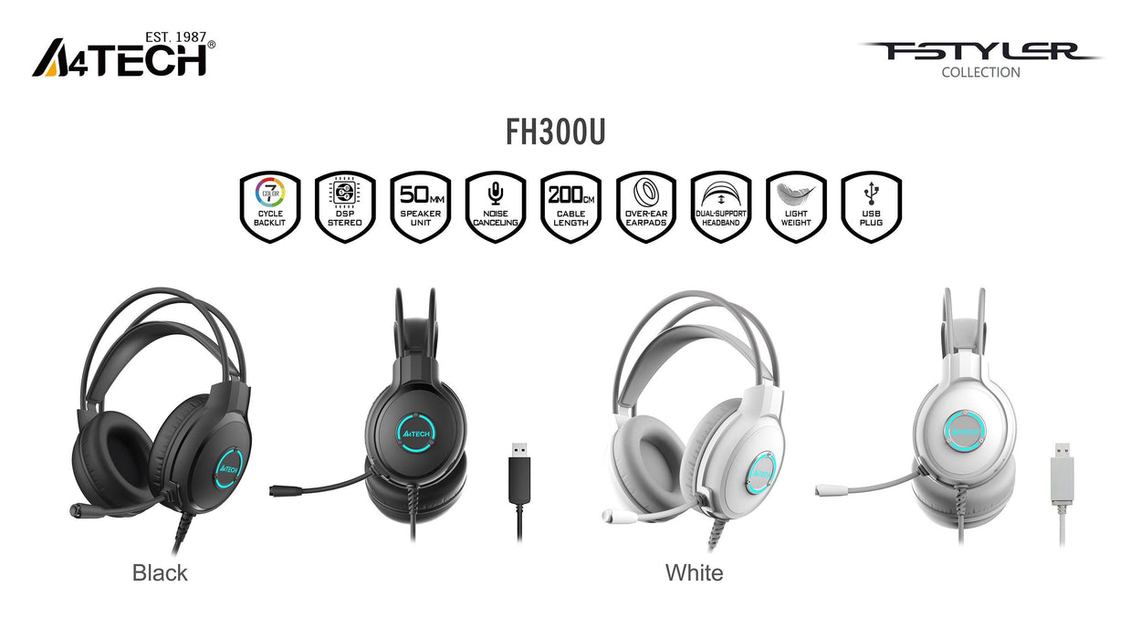 A4tech Fstyler FH300U Headphones with microphone USB, Noice Cancelling, white