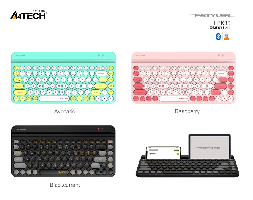 A4tech Fstyler FBK30 Wireless Keyboard, Bluetooth, 2.4G, Phone Stand, Cyrillic, Pink