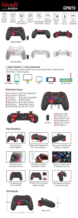 A4tech Bloody GPW70 Gaming Controller, Wired and Wireless, RGB, White