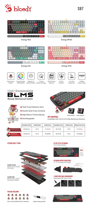 Mechanical keyboard Bloody - S87 Energy Pink, BLMS Red Plus Linear, RGB, pink