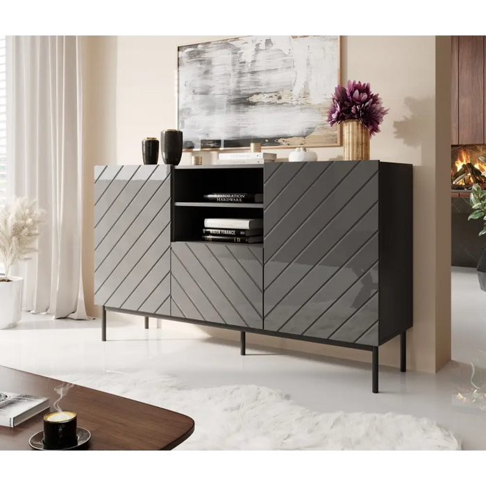ABETO chest of drawers on black steel frame 150x42x90 graphite/glossy graphite - Chests of drawers made of furniture