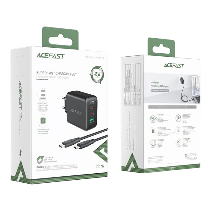 Acefast 2in1 wall charger 2x USB-C / USB-A 65W PD QC 3.0 AFC FCP (set with USB-C 1.2m cable) black (A13 black) - Cell