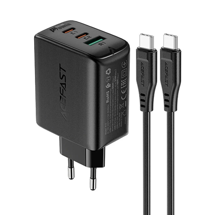 Acefast 2in1 wall charger 2x USB-C / USB-A 65W PD QC 3.0 AFC FCP (set with USB-C 1.2m cable) black (A13 black) - Cell