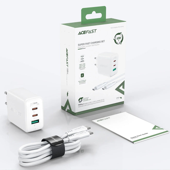 Acefast 2in1 wall charger 2x USB-C / USB-A 65W PD QC 3.0 AFC FCP (set with USB-C 1.2m cable) white (A13 white) - Cell