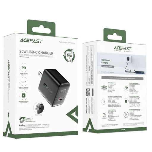 Acefast A3 PD20W Wall Charger with USB-C with US Plug - Black - Cell phone USB charger<<<HurtelXML