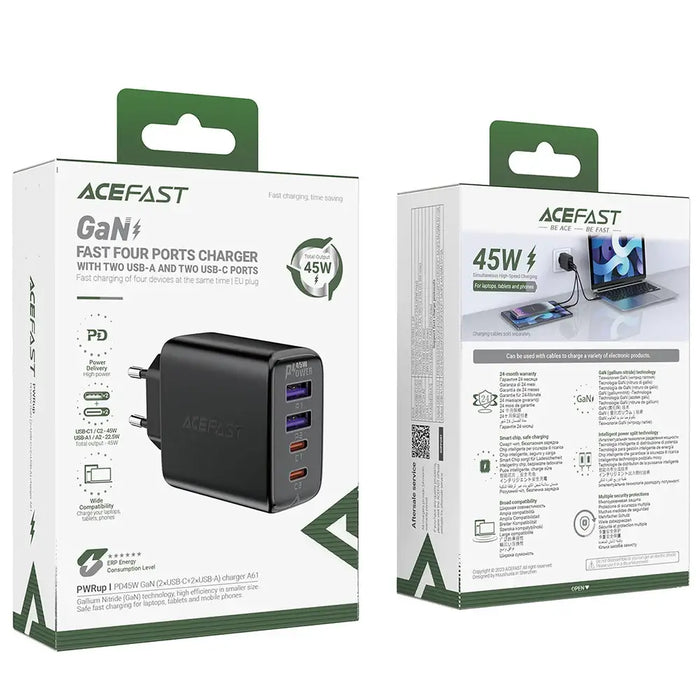 Acefast A61 PD 45W GaN charger 2 x USB-C + 2 x USB-A with 4 ports - black - Cell phone USB charger<<<HurtelXML