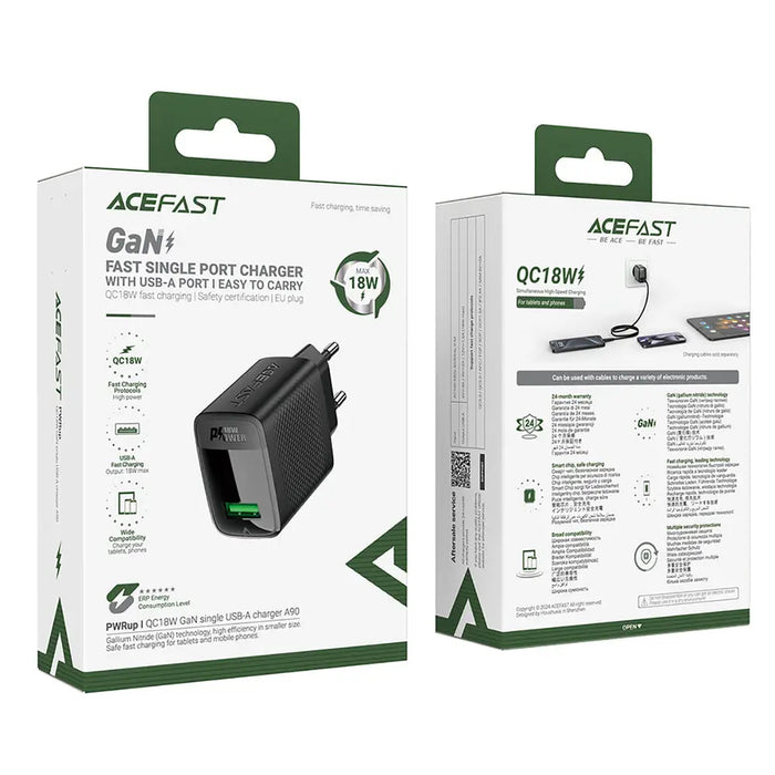 Acefast A90 Charger GaN USB-A QC 18W - Black - Cell phone USB charger<<<HurtelXML