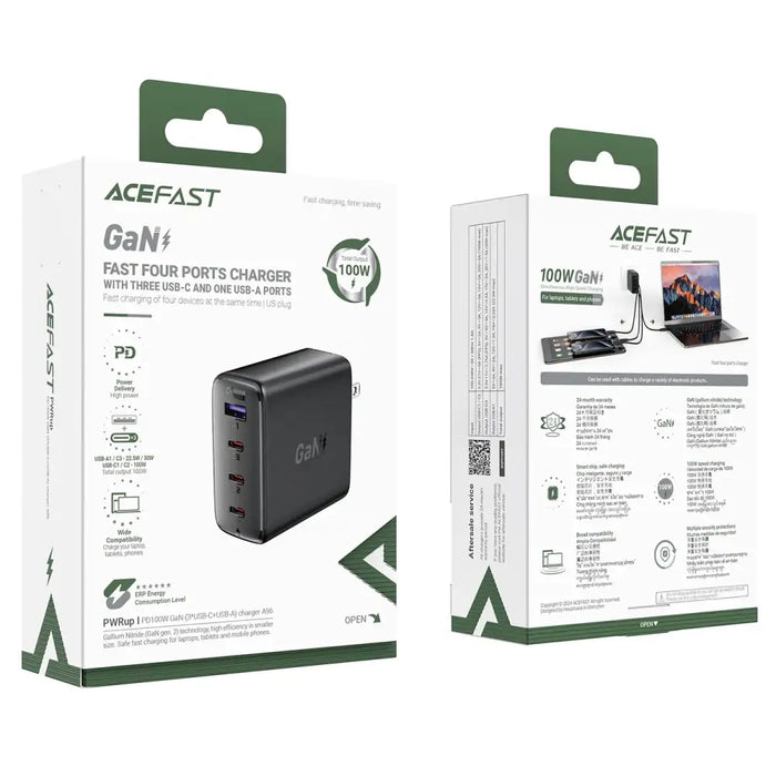 Acefast A96 PD100W GaN Charger (3 x USB-C + 1x USB-A) with US Plug - Black - Cell phone USB charger<<<HurtelXML