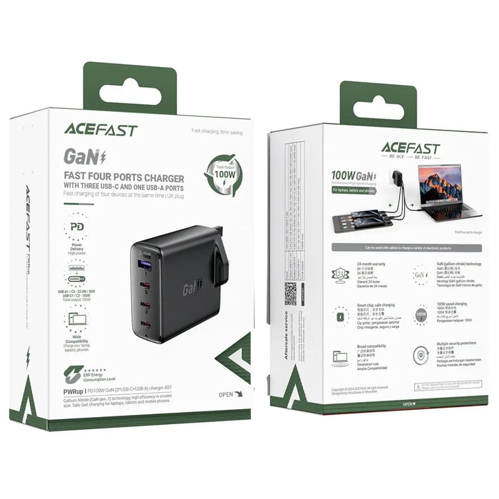 Acefast A97 PD100W GaN Wall Charger (3 x USB-C + USB-A) with UK Plug - Black - Cell phone USB charger<<<HurtelXML