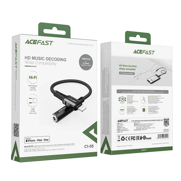 Acefast audio cable MFI Lightning - 3.5mm mini jack (female) 18cm AUX black (C1-05 black) - Audio adapters<<<HurtelXML