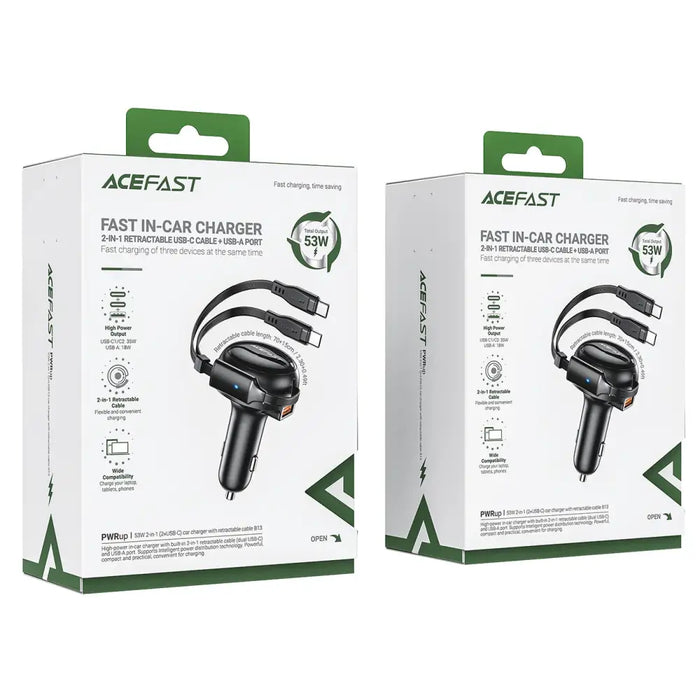 Acefast B13 car charger 53W USB-A / 2 USB-C retractable cables - black - Cell phone USB charger<<<HurtelXML