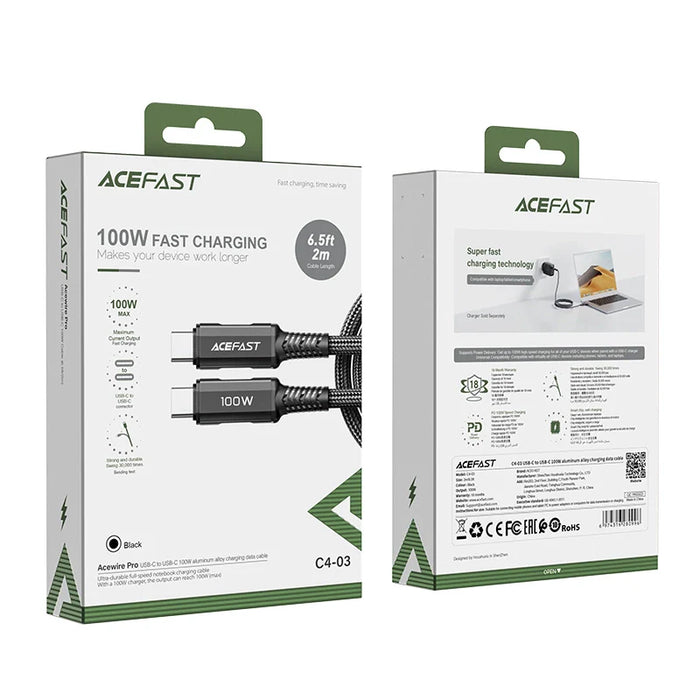 Acefast C4-03 Black USB-C - USB-C PD QC cable 100W 5A 480Mb/s 2m - black - Cell phone cables<<<HurtelXML
