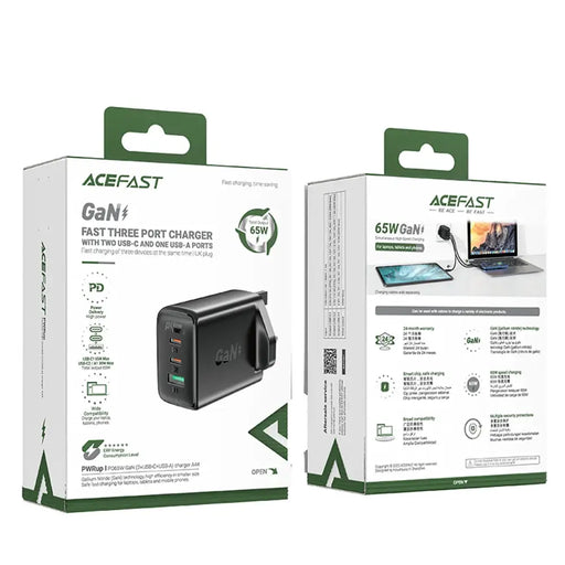 Acefast charger GaN 65W 3 ports (1xUSB 2xUSB C PD) UK plug black (A44) - Cell phone USB charger<<<HurtelXML