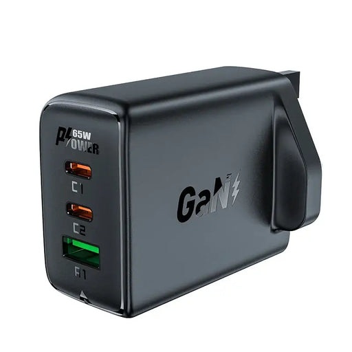 Acefast charger GaN 65W 3 ports (1xUSB 2xUSB C PD) UK plug black (A44) - Cell phone USB charger<<<HurtelXML