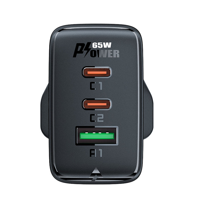 Acefast charger GaN 65W 3 ports (1xUSB 2xUSB C PD) UK plug white (A44) - Cell phone USB charger<<<HurtelXML