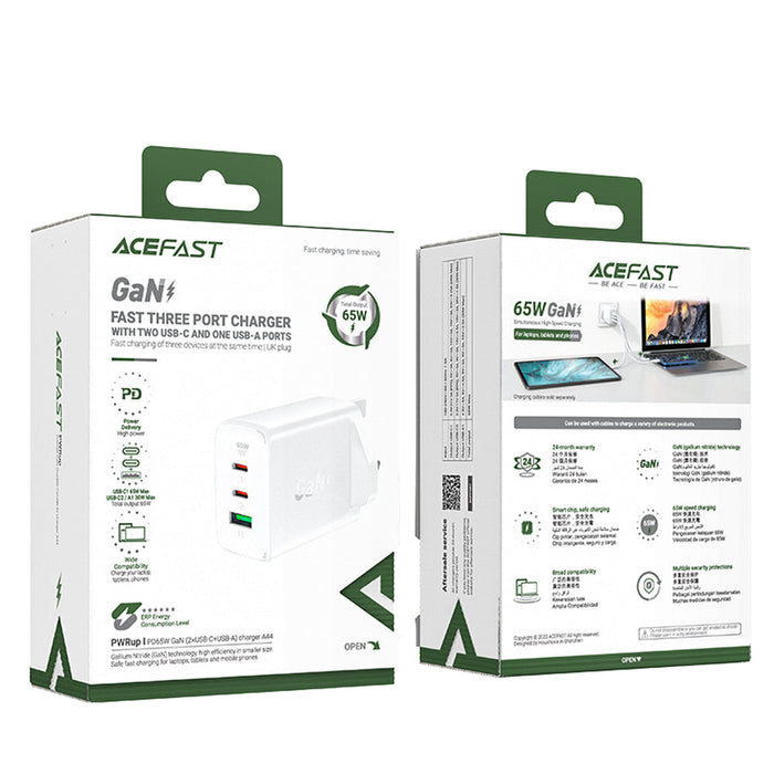 Acefast charger GaN 65W 3 ports (1xUSB 2xUSB C PD) UK plug white (A44) - Cell phone USB charger<<<HurtelXML
