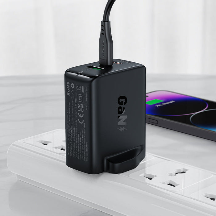 Acefast charger GaN 65W 3 ports (1xUSB 2xUSB C PD) UK plug white (A44) - Cell phone USB charger<<<HurtelXML