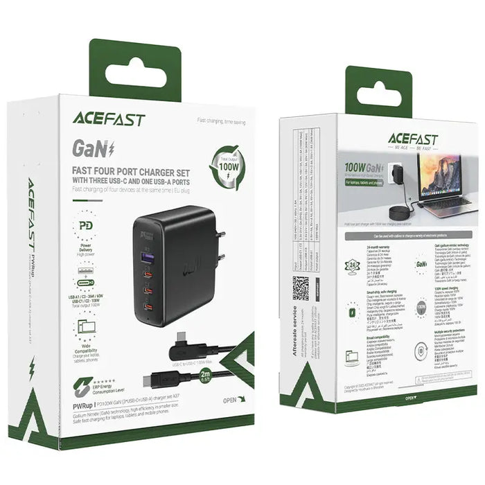 Acefast fast charger GaN 3xUSB-C/1xUSB-A 100W black + angled cable USB-C - USB-C 100W 2m black - Cell phone USB