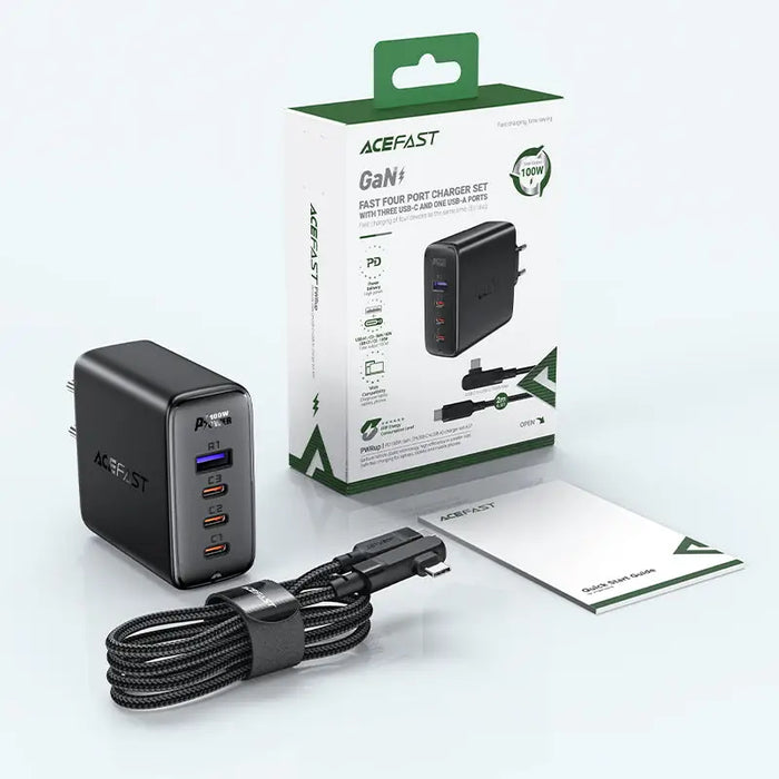 Acefast fast charger GaN 3xUSB-C/1xUSB-A 100W black + angled cable USB-C - USB-C 100W 2m black - Cell phone USB