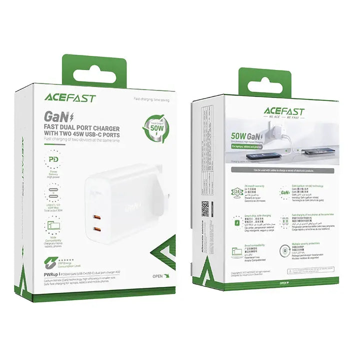 Acefast GaN charger (UK plug) 2x USB Type C 50W Power Delivery PPS Q3 3.0 AFC FCP (A32 UK) - Cell phone USB
