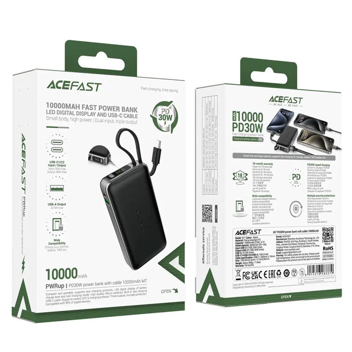 Acefast M7-10000 PD30W Powerbank with Built-in Cable - Black - Powerbanks<<<HurtelXML