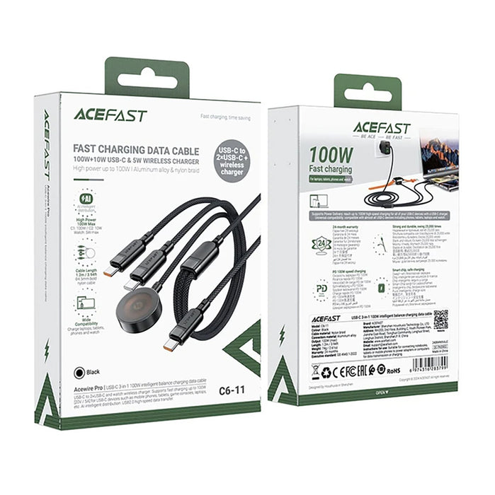 Acefast C6-11 USB-C 3in1 Cable - 2x USB-C / Qi 480Mb/s 100W 1.2m - black