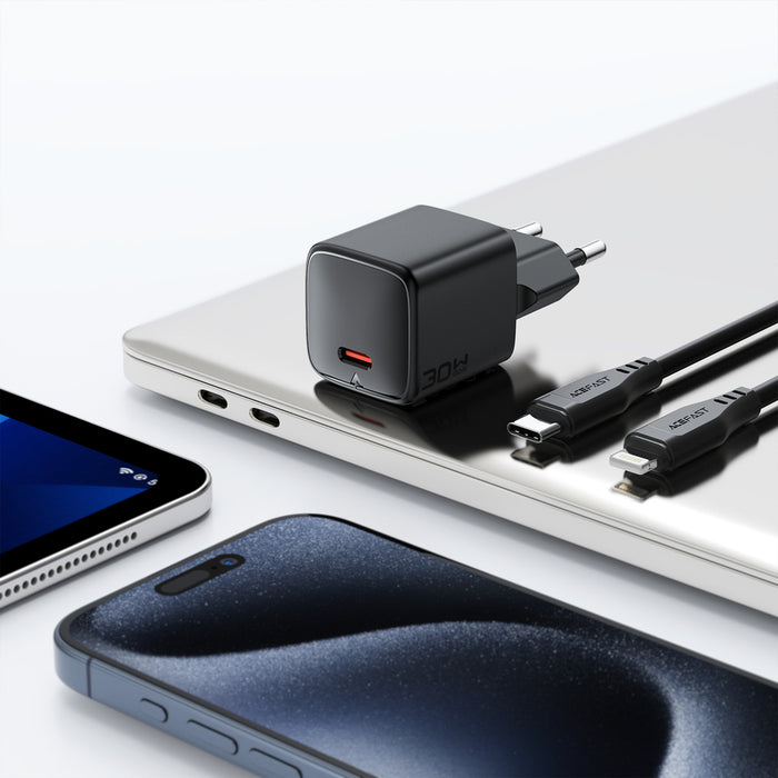 Acefast A118 30W GaN USB-C Wall Charger with 1.2m USB-C to Lightning Cable - Black
