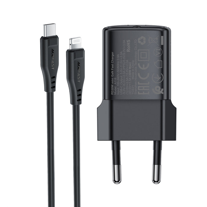 Acefast A118 30W GaN USB-C Wall Charger with 1.2m USB-C to Lightning Cable - Black