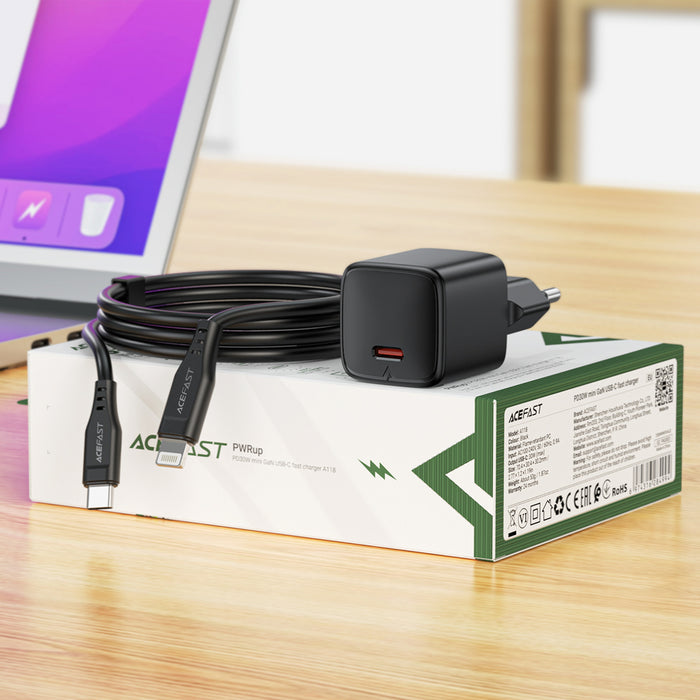 Acefast A118 30W GaN USB-C Wall Charger with 1.2m USB-C to Lightning Cable - Black