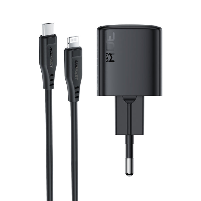 Acefast A118 30W GaN USB-C Wall Charger with 1.2m USB-C to Lightning Cable - Black