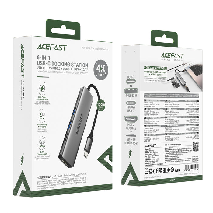 Acefast J18 USB Hub USB-C 6-in-1 HDMI 4K 60Hz PD90W Docking Station - Gray