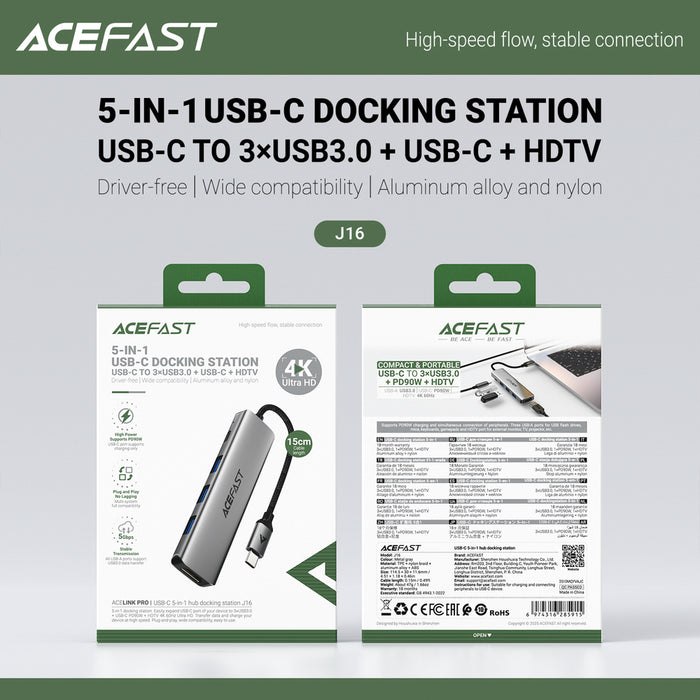 Acefast J16 USB Hub USB-C 5-in-1 HDMI 4K 60Hz PD90W Docking Station - Gray