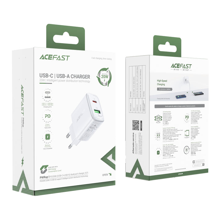 Acefast wall charger USB Type C / USB 20W, PPS, PD, QC 3.0, AFC, FCP white (A25 white)