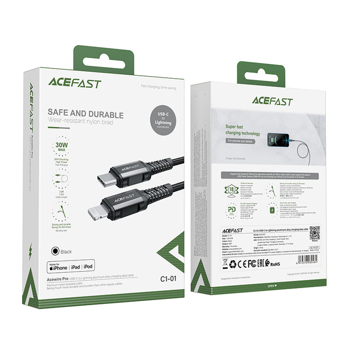 Acefast C1-01 Lightning - USB-C MFi PD cable 30W 3A 480Mb/s 1.2m - black