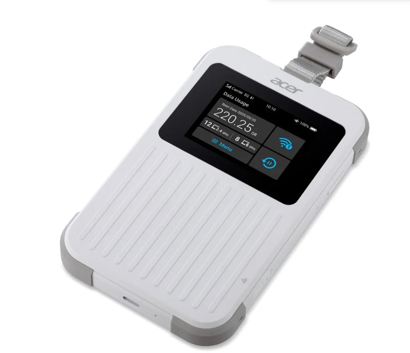 Acer Wi-Fi 5G Mobile Hotspot with Nano SIM (4FF), eSIM with up to 10 profiles, up to 20 connected devices using 6GHz, battery  8000mAh up to 28 hours high definition video streaming, 2.4'' Touchscreen with NFC, IP68 and MIL-STD-810