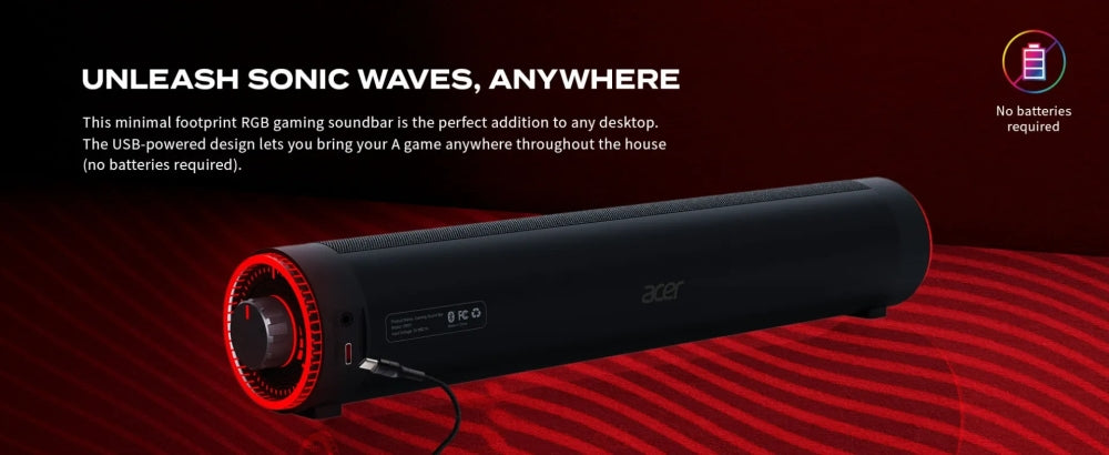 Acer Nitro Gaming Soundbar,2 x 5W, BT, Dynamic 2.0 Stereo Sound USB-C (USB-C to USB-A cable included) / Bluetooth / Aux In (3.5mm) / Headphones out