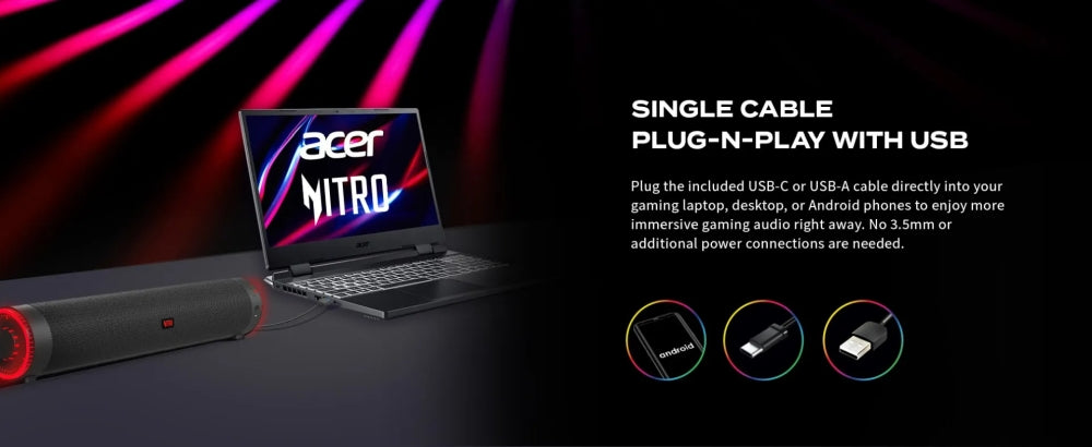 Acer Nitro Gaming Soundbar,2 x 5W, BT, Dynamic 2.0 Stereo Sound USB-C (USB-C to USB-A cable included) / Bluetooth / Aux In (3.5mm) / Headphones out