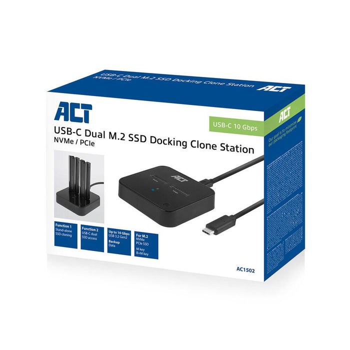 Dual SSD Docking Station, ACT M.2 NVMe/PCIe Clone, USB-C 3.2 Gen2, 10 Gbps