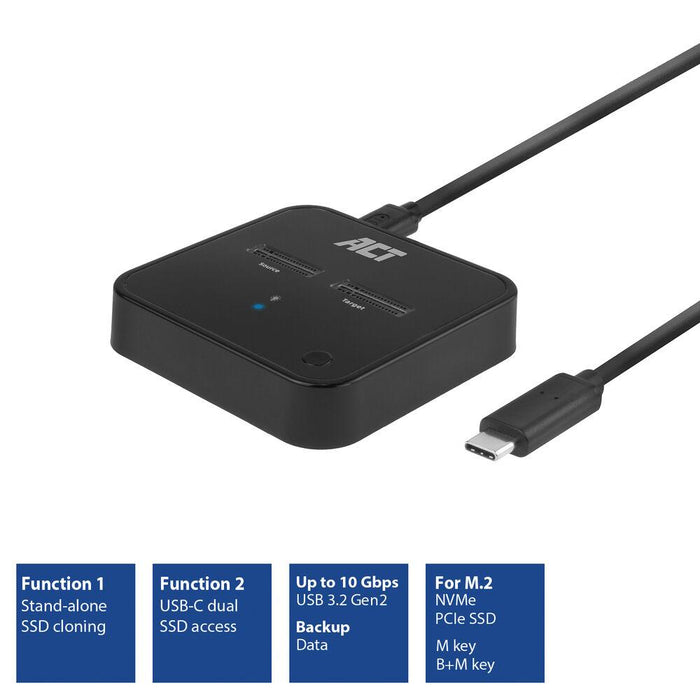Dual SSD Docking Station, ACT M.2 NVMe/PCIe Clone, USB-C 3.2 Gen2, 10 Gbps