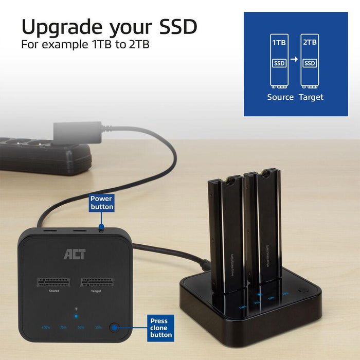 Dual SSD Docking Station, ACT M.2 NVMe/PCIe Clone, USB-C 3.2 Gen2, 10 Gbps