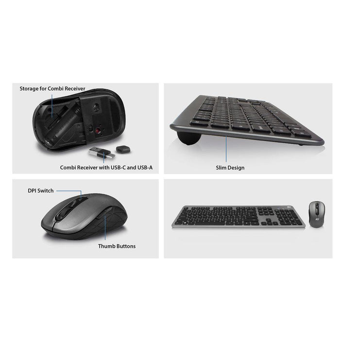 Keyboard and mouse set ACT AC5710, 2.4 Ghz, USB-C/USB-A, US